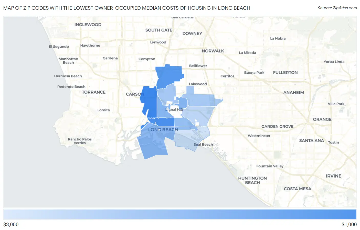 Zip Codes with the Lowest Owner-Occupied Median Costs of Housing in Long Beach Map