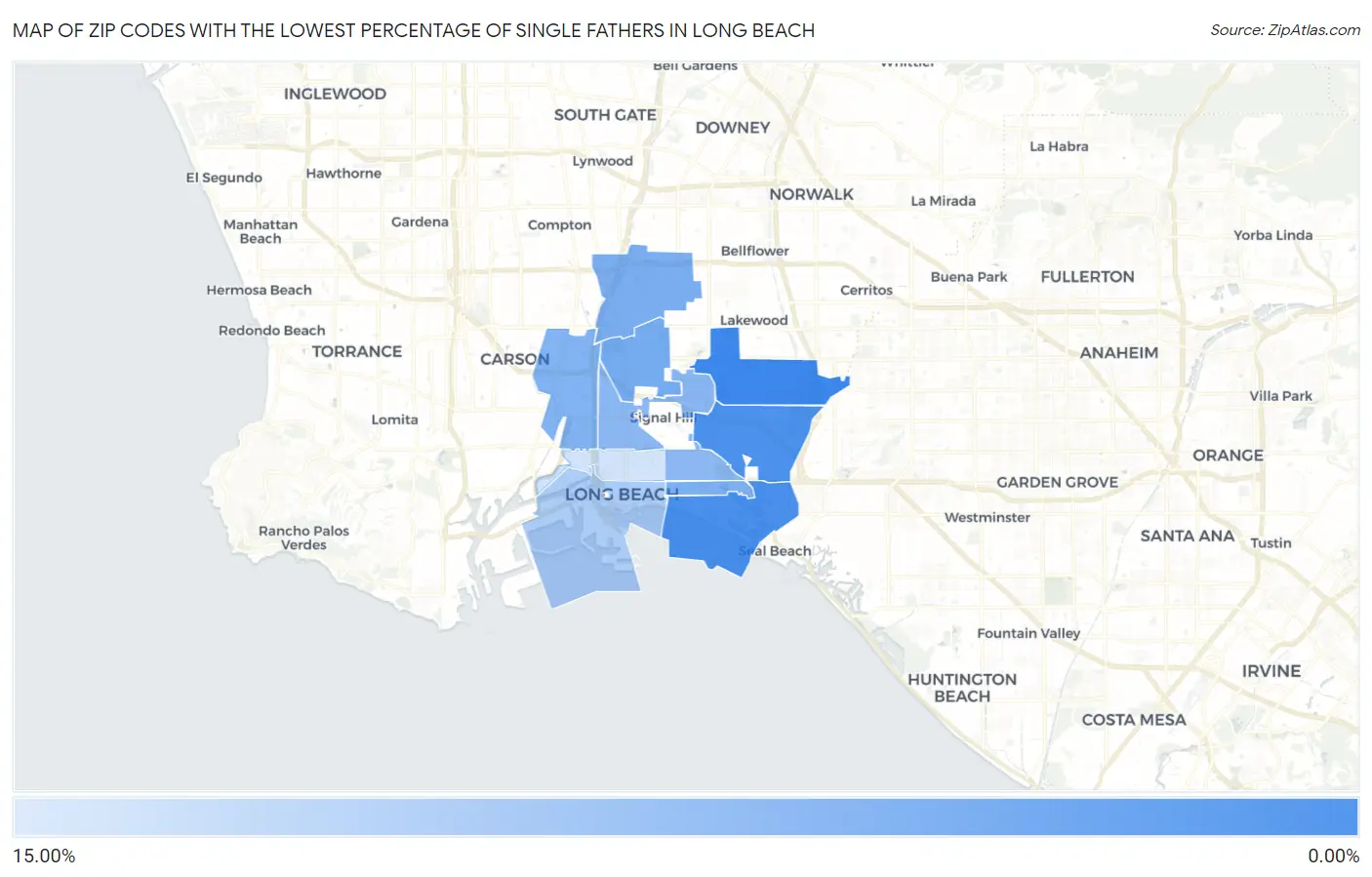 Zip Codes with the Lowest Percentage of Single Fathers in Long Beach Map