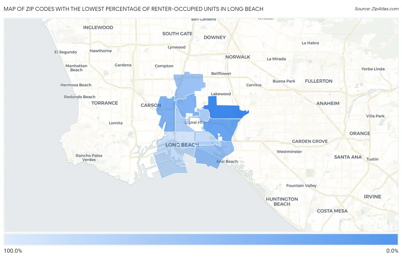 Zip Codes with the Lowest Percentage of Renter-Occupied Units in Long Beach Map