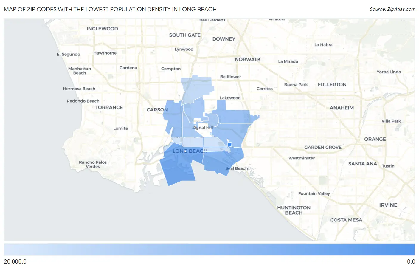 Zip Codes with the Lowest Population Density in Long Beach Map
