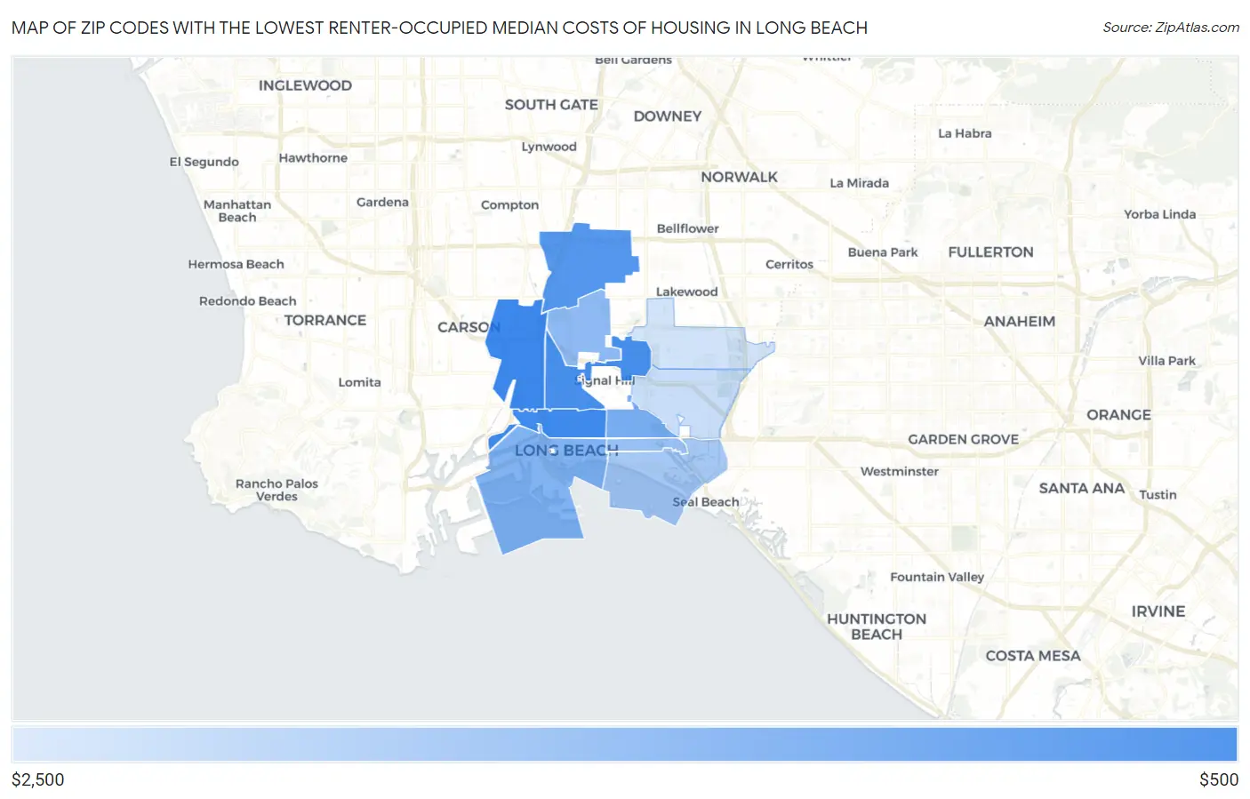 Zip Codes with the Lowest Renter-Occupied Median Costs of Housing in Long Beach Map