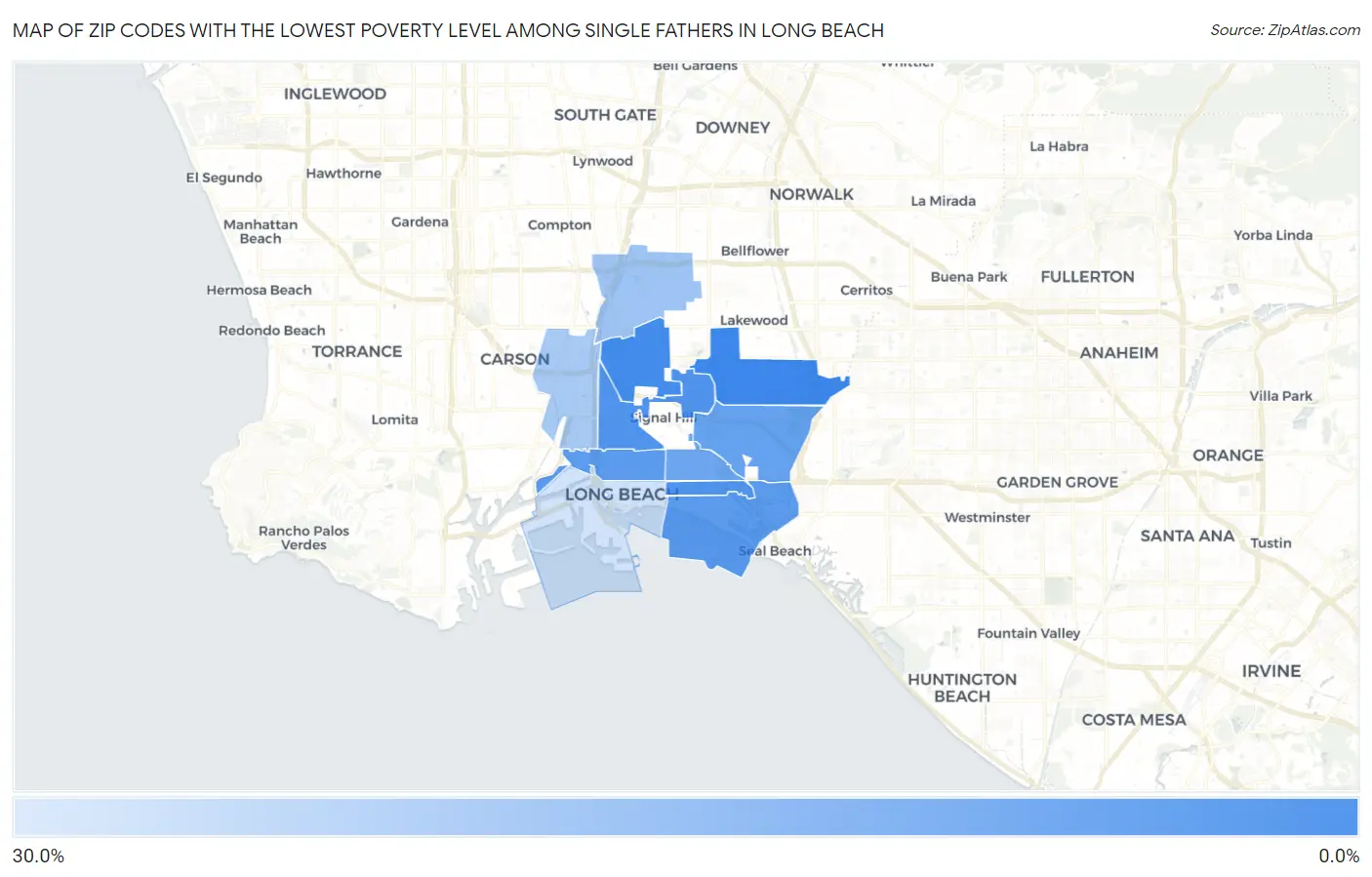 Zip Codes with the Lowest Poverty Level Among Single Fathers in Long Beach Map