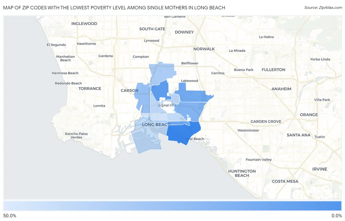 Zip Codes with the Lowest Poverty Level Among Single Mothers in Long Beach Map