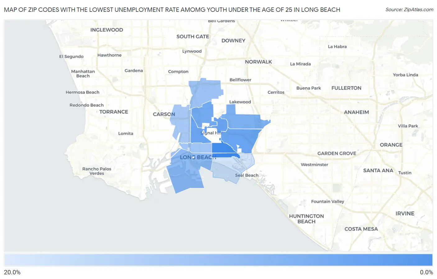 Zip Codes with the Lowest Unemployment Rate Amomg Youth Under the Age of 25 in Long Beach Map