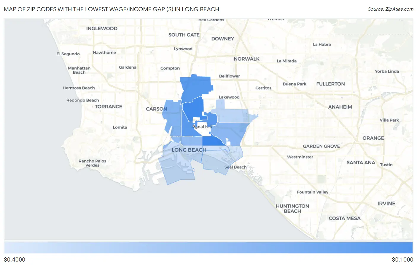 Zip Codes with the Lowest Wage/Income Gap ($) in Long Beach Map