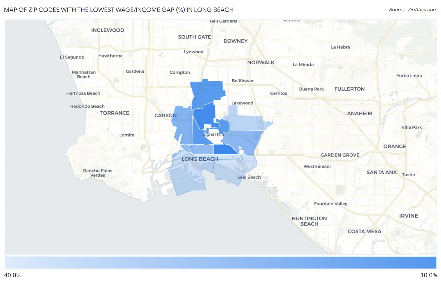 Zip Codes with the Lowest Wage/Income Gap (%) in Long Beach Map