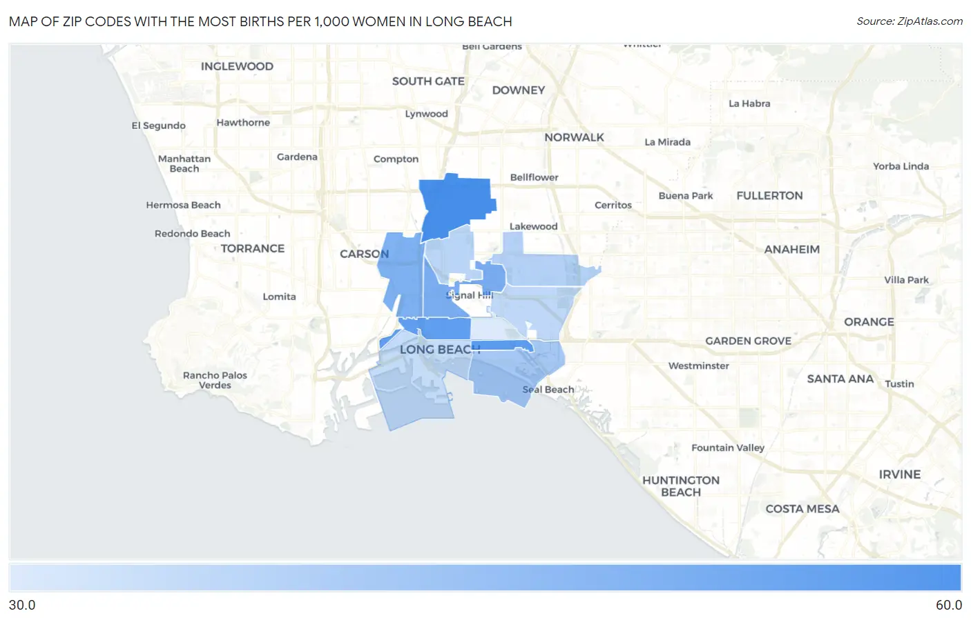 Zip Codes with the Most Births per 1,000 Women in Long Beach Map