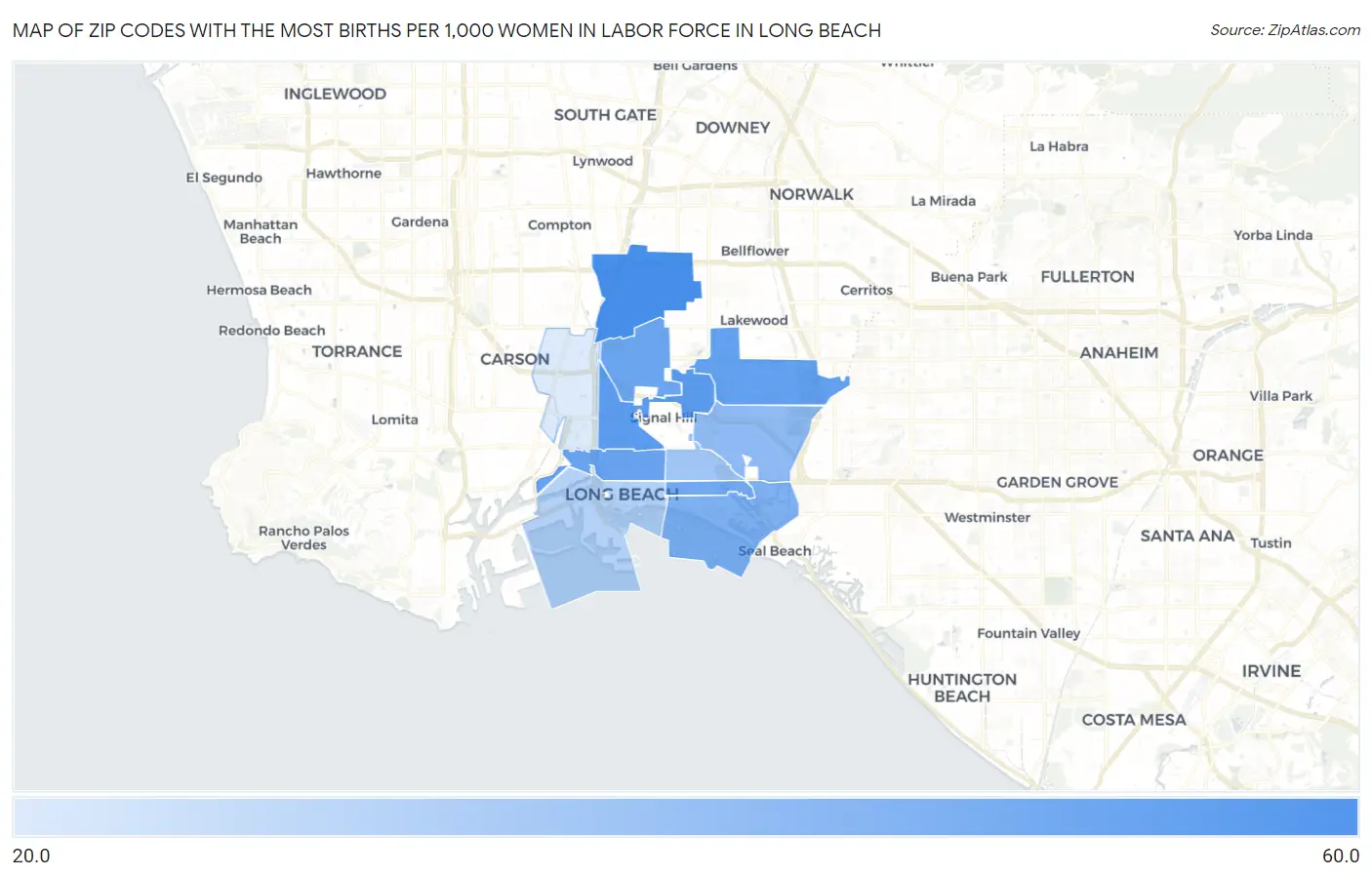 Zip Codes with the Most Births per 1,000 Women in Labor Force in Long Beach Map