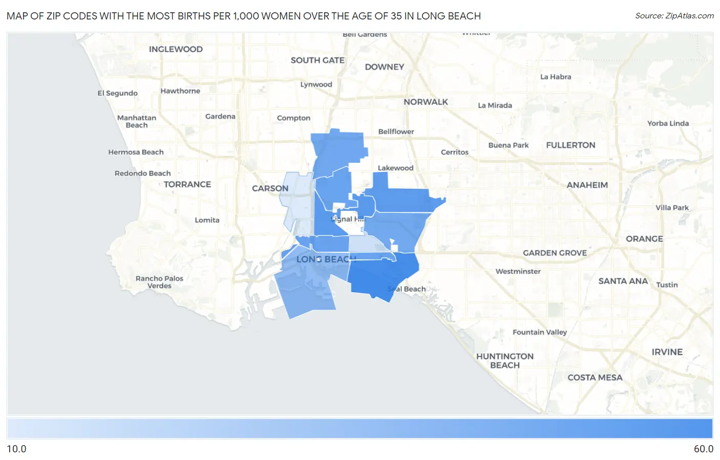 Zip Codes with the Most Births per 1,000 Women Over the Age of 35 in Long Beach Map