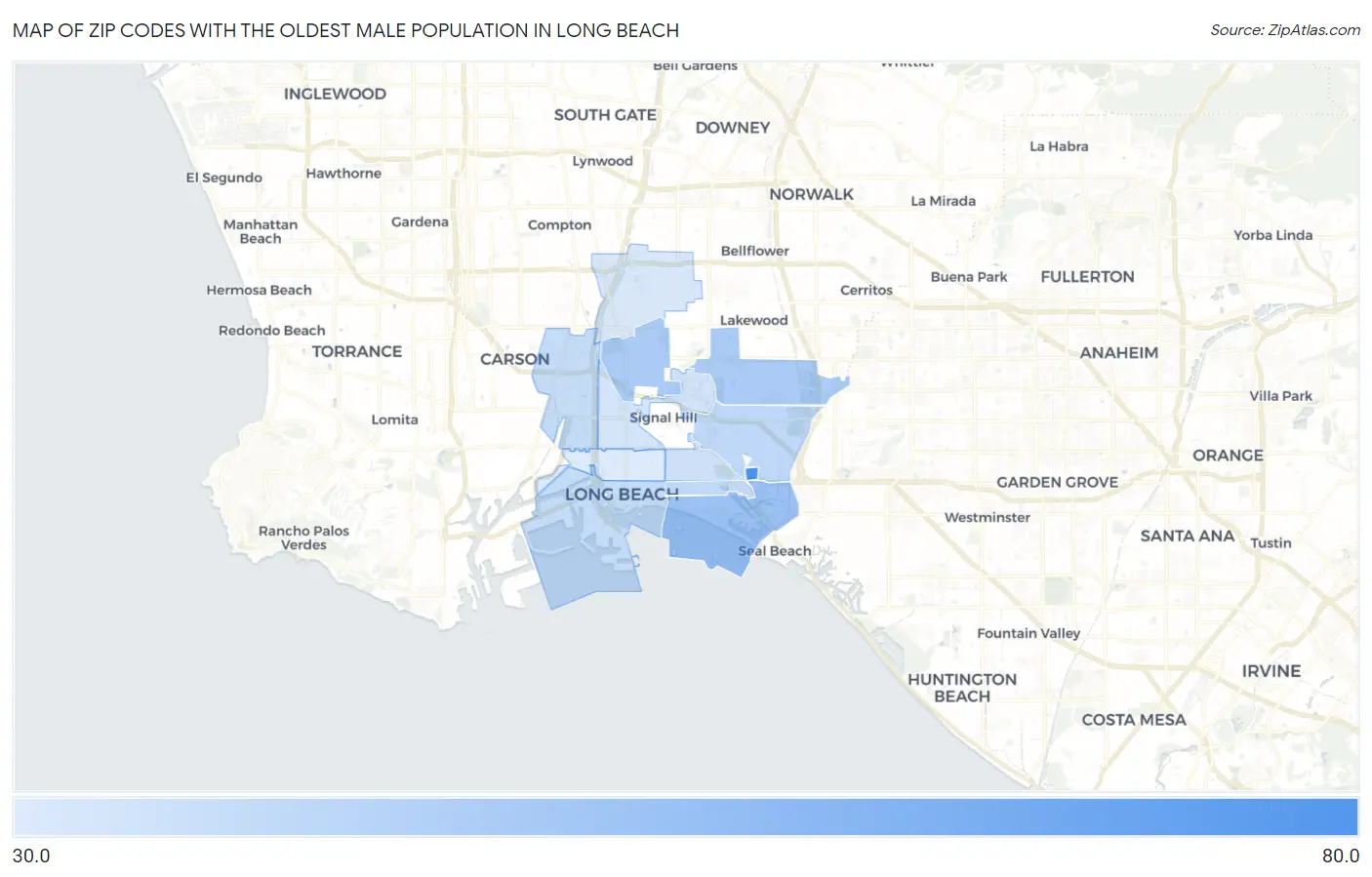Zip Codes with the Oldest Male Population in Long Beach Map