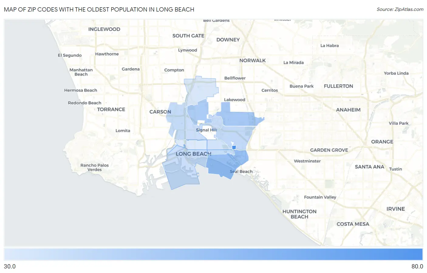 Zip Codes with the Oldest Population in Long Beach Map