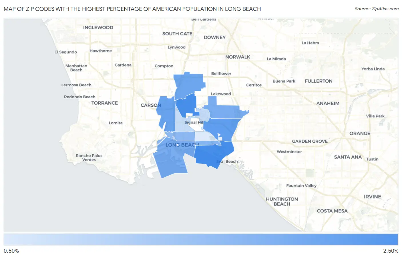 Zip Codes with the Highest Percentage of American Population in Long Beach Map
