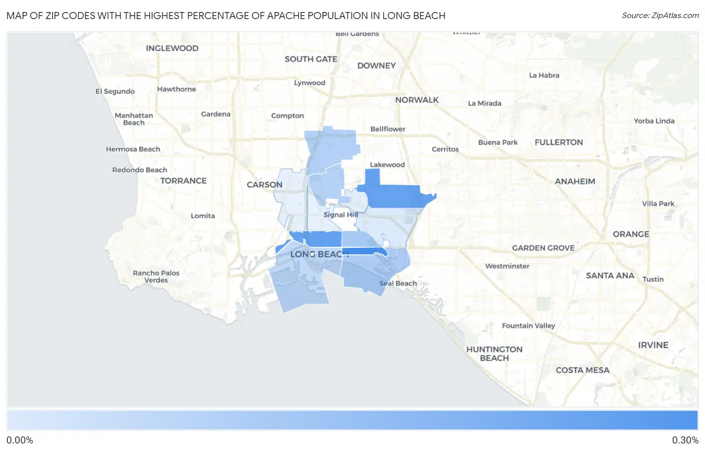 Zip Codes with the Highest Percentage of Apache Population in Long Beach Map