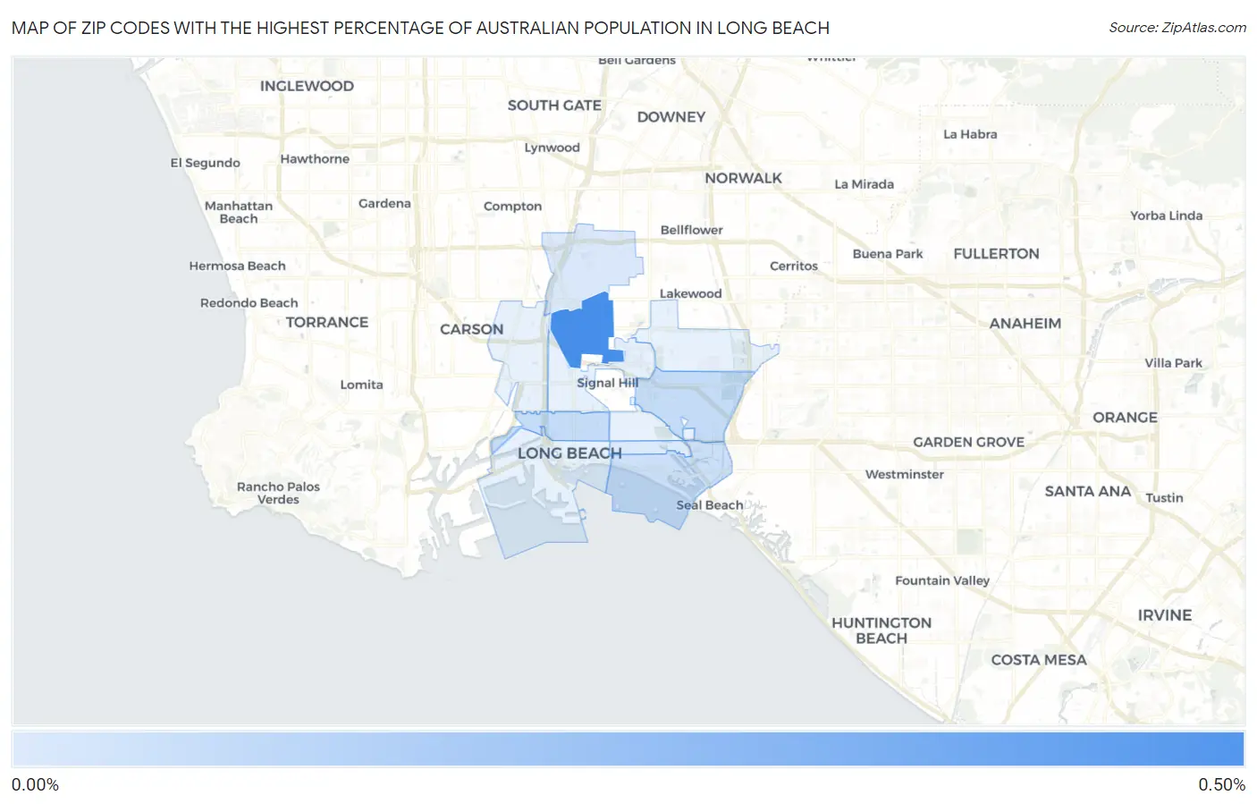 Zip Codes with the Highest Percentage of Australian Population in Long Beach Map