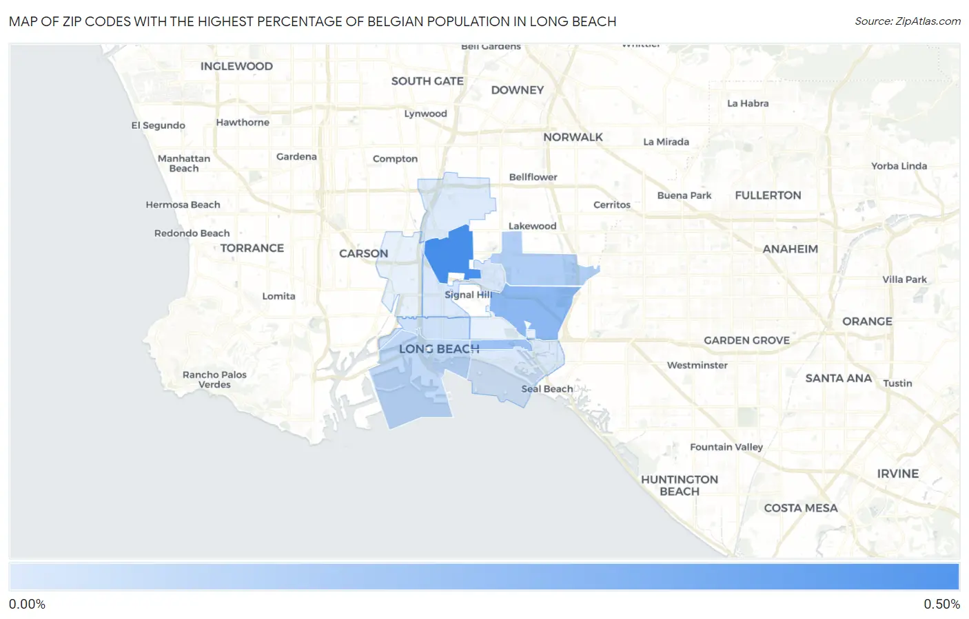 Zip Codes with the Highest Percentage of Belgian Population in Long Beach Map