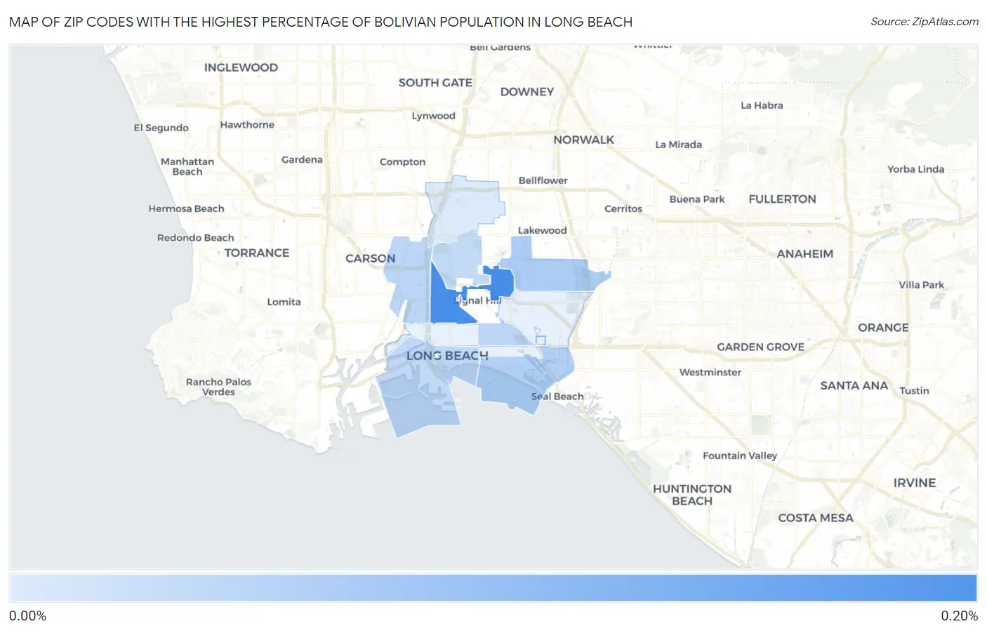 Zip Codes with the Highest Percentage of Bolivian Population in Long Beach Map