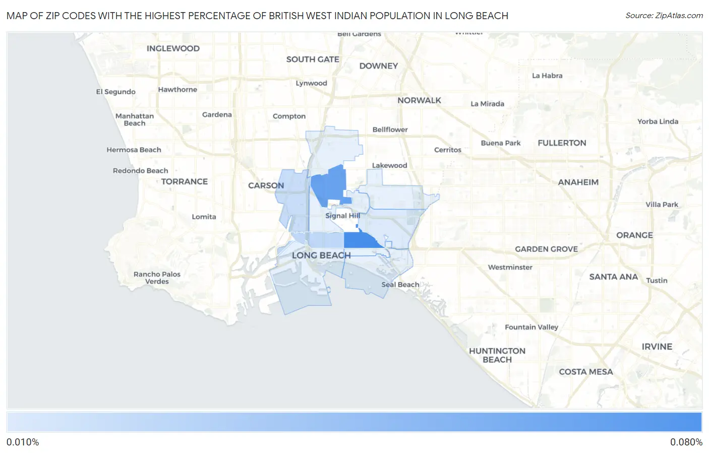 Zip Codes with the Highest Percentage of British West Indian Population in Long Beach Map