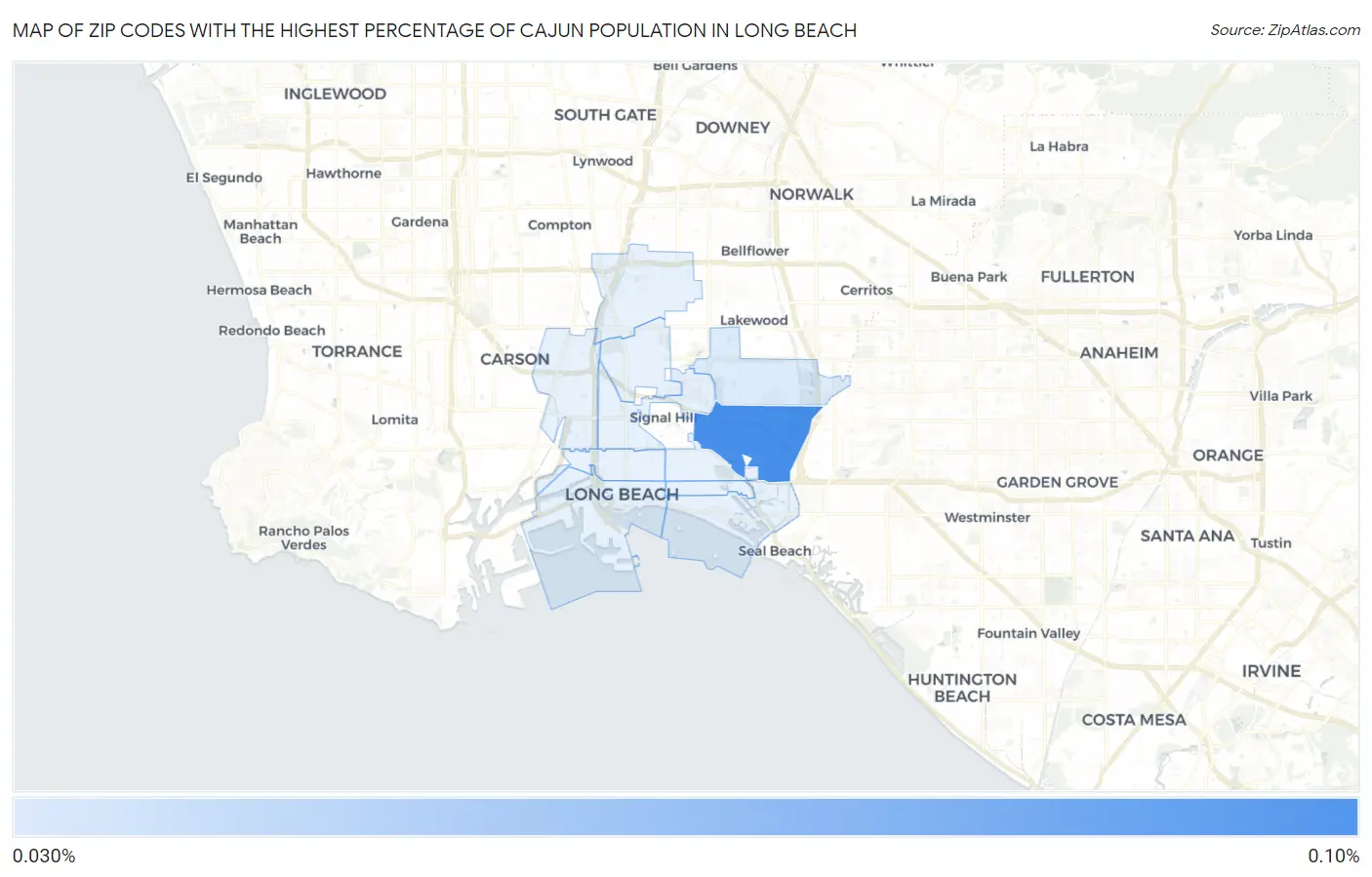Zip Codes with the Highest Percentage of Cajun Population in Long Beach Map