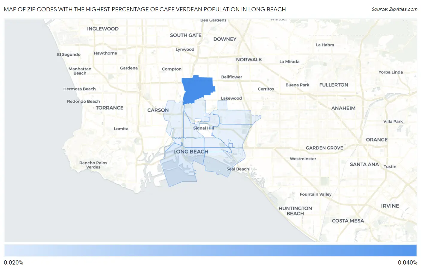 Zip Codes with the Highest Percentage of Cape Verdean Population in Long Beach Map