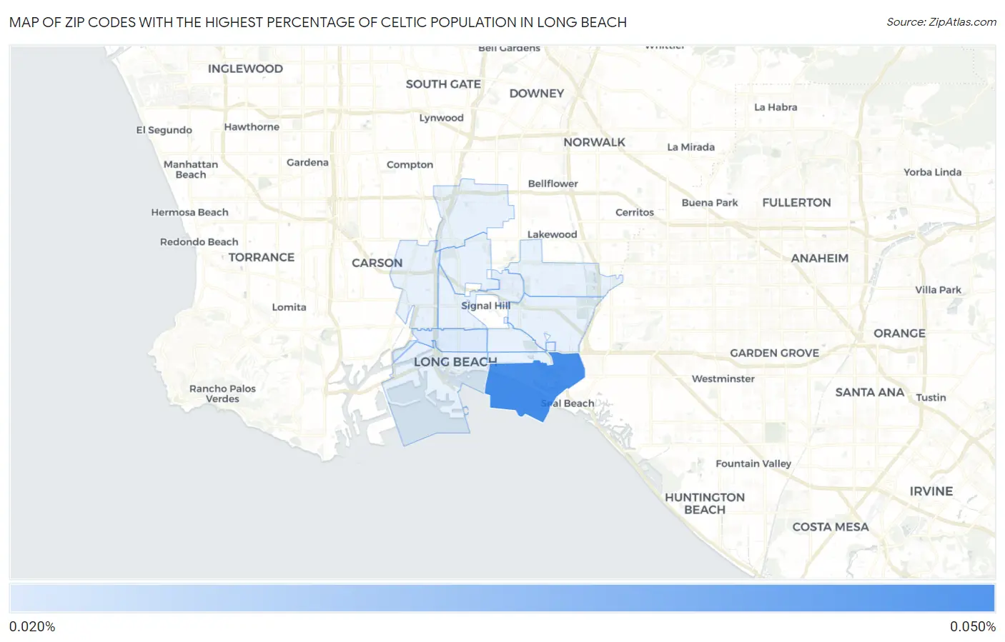 Zip Codes with the Highest Percentage of Celtic Population in Long Beach Map