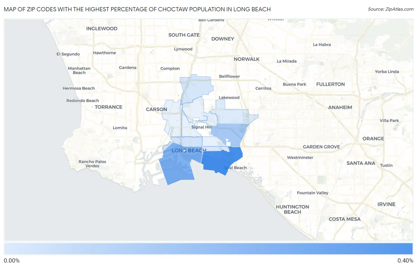 Zip Codes with the Highest Percentage of Choctaw Population in Long Beach Map