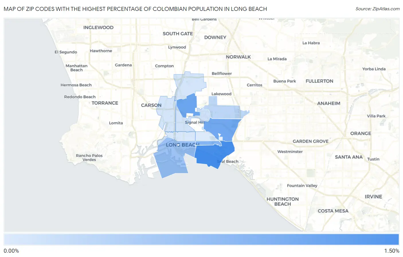 Zip Codes with the Highest Percentage of Colombian Population in Long Beach Map
