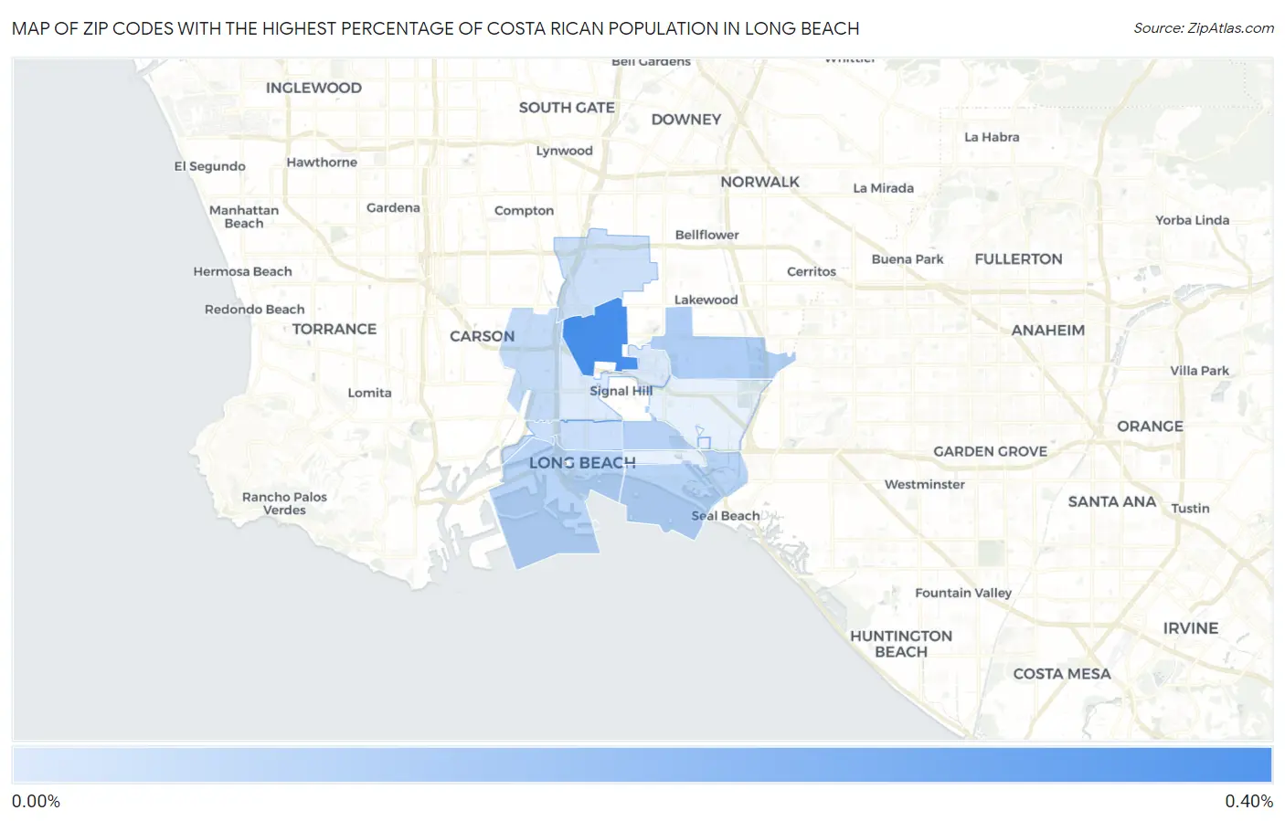 Zip Codes with the Highest Percentage of Costa Rican Population in Long Beach Map