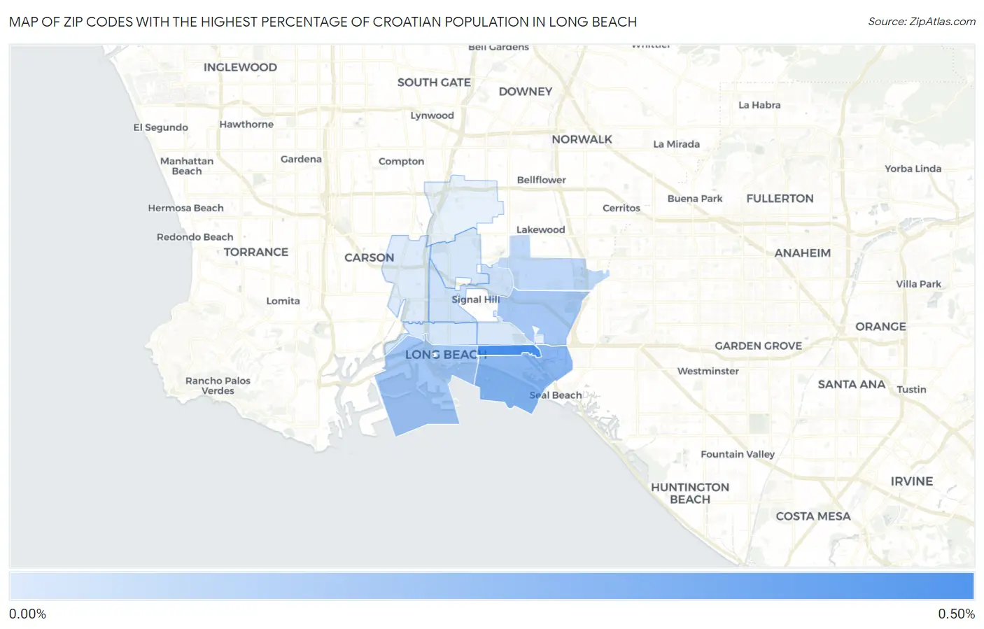 Zip Codes with the Highest Percentage of Croatian Population in Long Beach Map