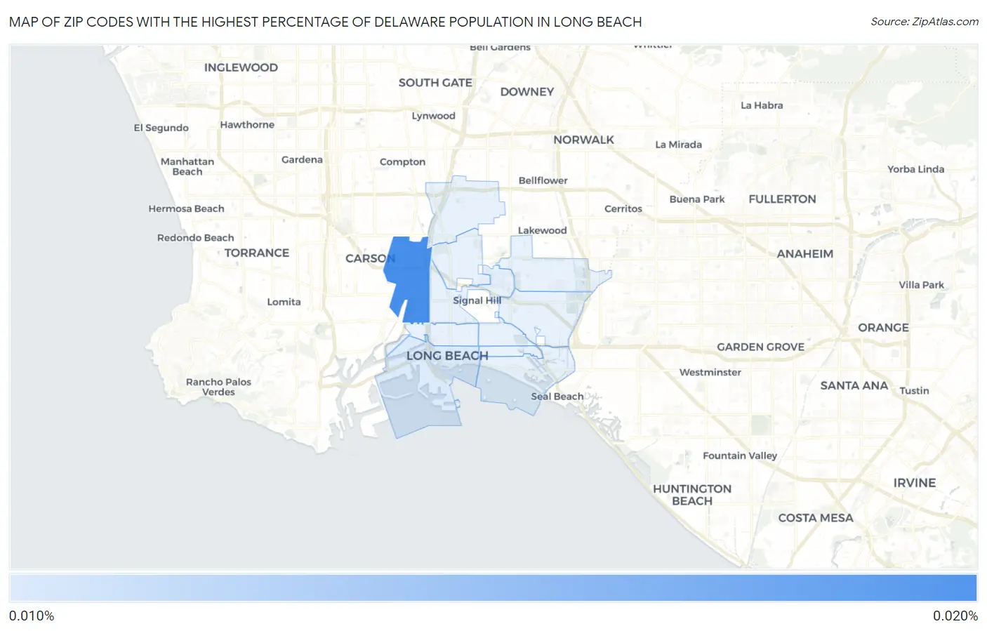 Zip Codes with the Highest Percentage of Delaware Population in Long Beach Map