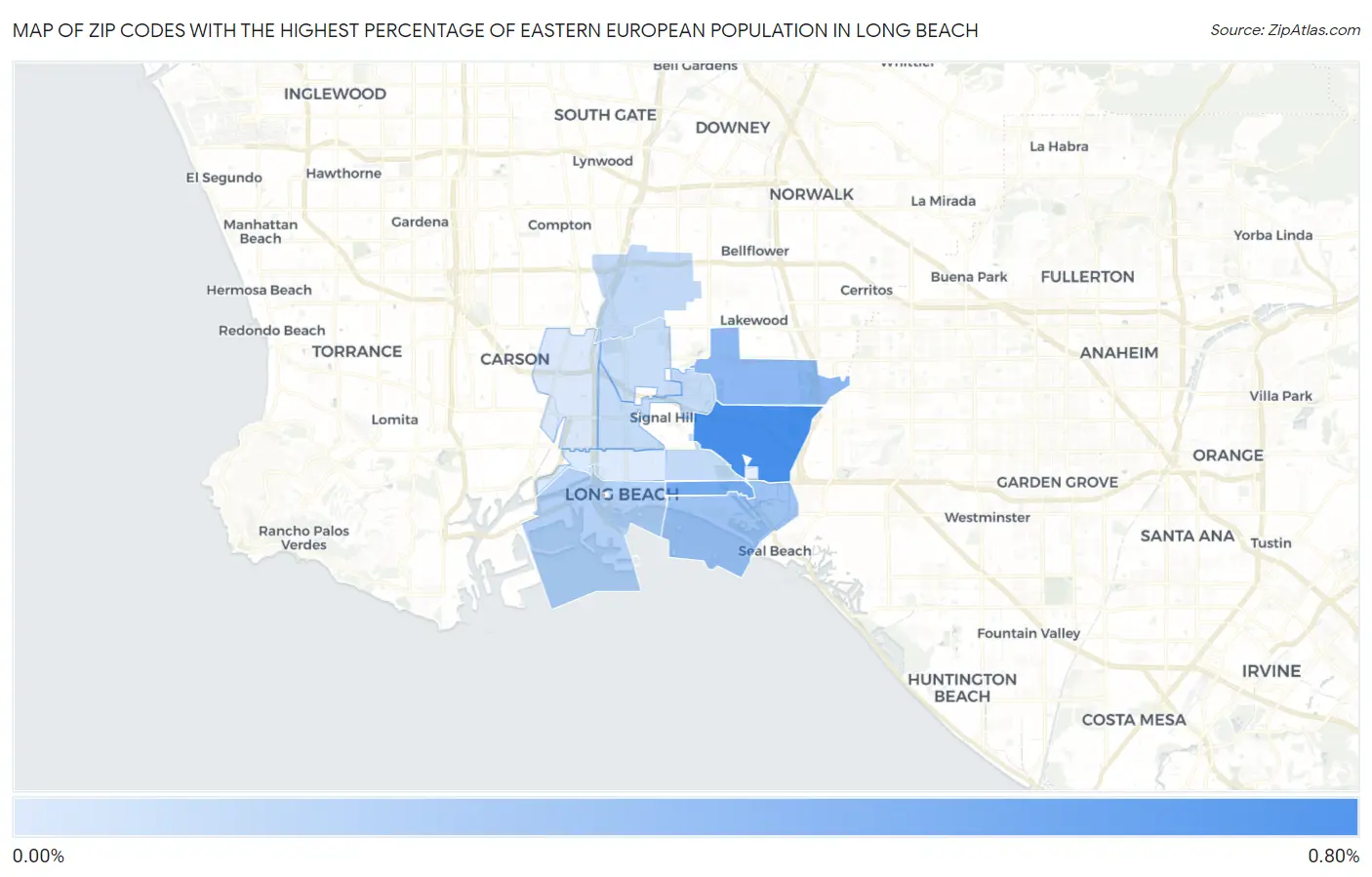 Zip Codes with the Highest Percentage of Eastern European Population in Long Beach Map