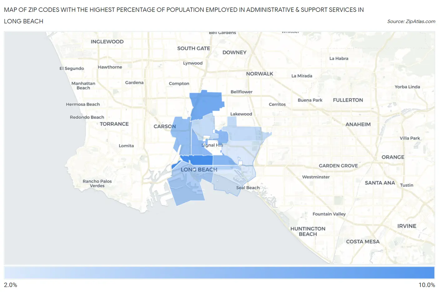 Zip Codes with the Highest Percentage of Population Employed in Administrative & Support Services in Long Beach Map
