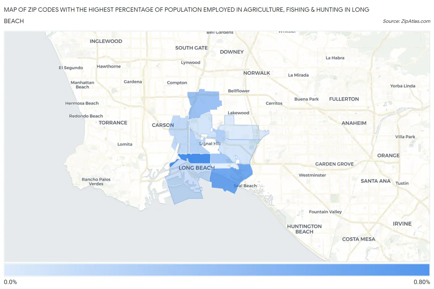 Zip Codes with the Highest Percentage of Population Employed in Agriculture, Fishing & Hunting in Long Beach Map