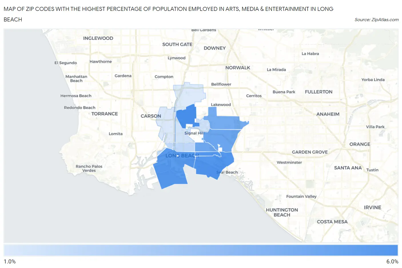 Zip Codes with the Highest Percentage of Population Employed in Arts, Media & Entertainment in Long Beach Map