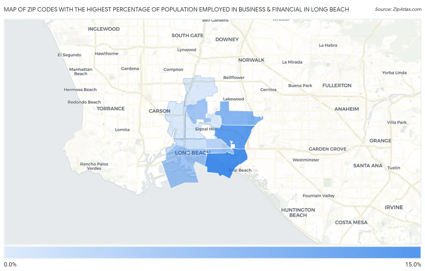 Zip Codes with the Highest Percentage of Population Employed in Business & Financial in Long Beach Map