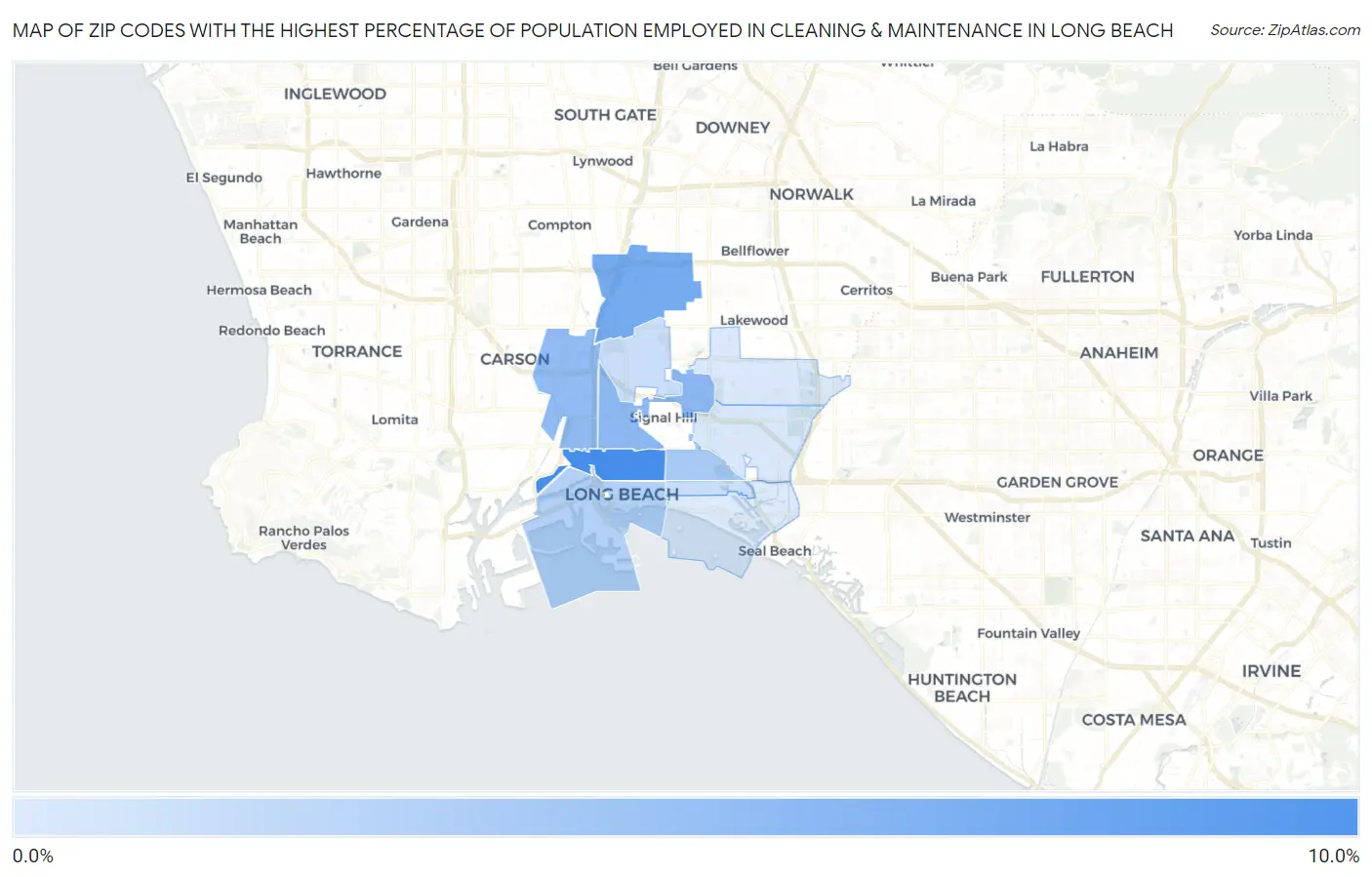 Zip Codes with the Highest Percentage of Population Employed in Cleaning & Maintenance in Long Beach Map