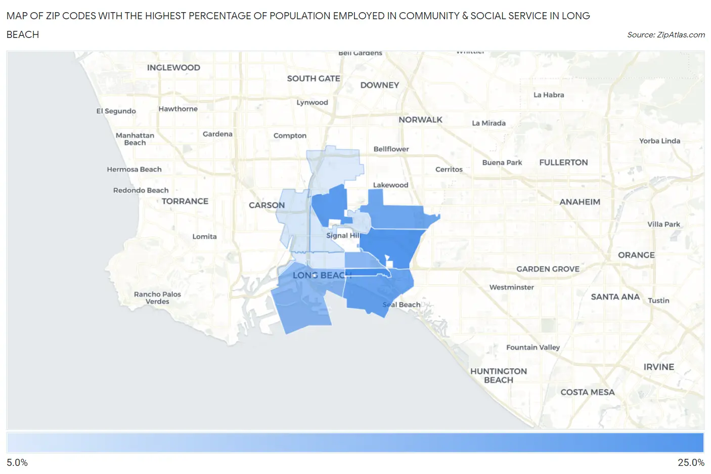 Zip Codes with the Highest Percentage of Population Employed in Community & Social Service  in Long Beach Map