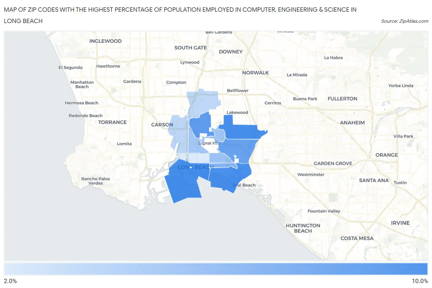 Zip Codes with the Highest Percentage of Population Employed in Computer, Engineering & Science in Long Beach Map