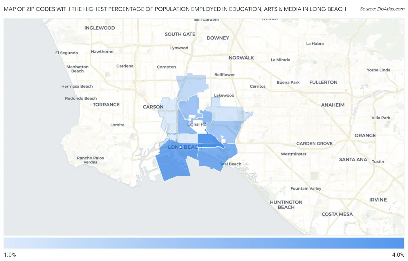 Zip Codes with the Highest Percentage of Population Employed in Education, Arts & Media in Long Beach Map