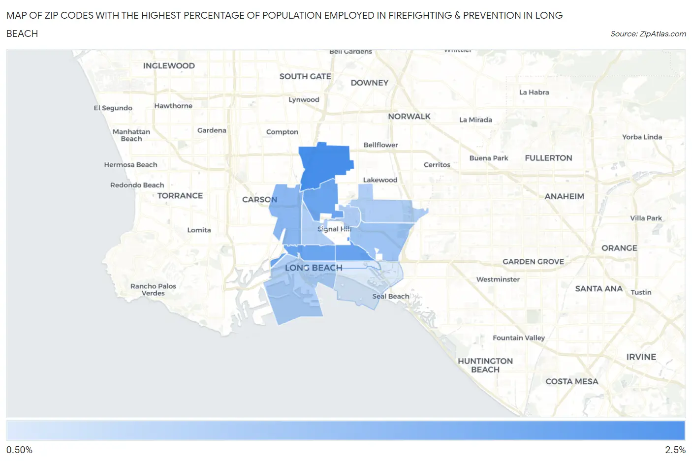 Zip Codes with the Highest Percentage of Population Employed in Firefighting & Prevention in Long Beach Map