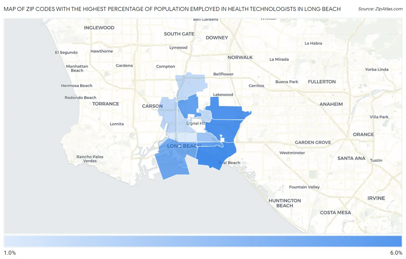 Zip Codes with the Highest Percentage of Population Employed in Health Technologists in Long Beach Map