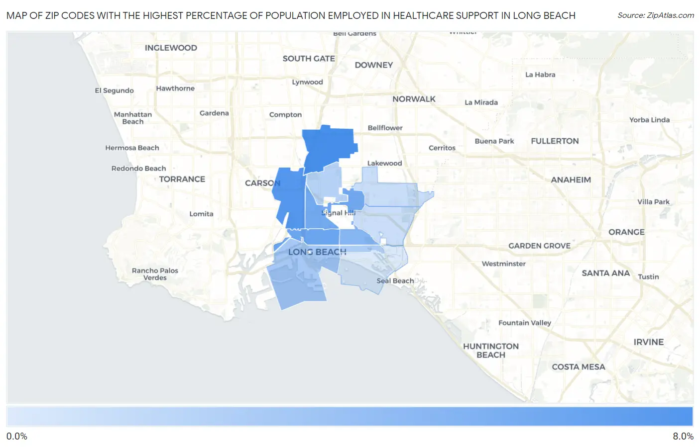 Zip Codes with the Highest Percentage of Population Employed in Healthcare Support in Long Beach Map