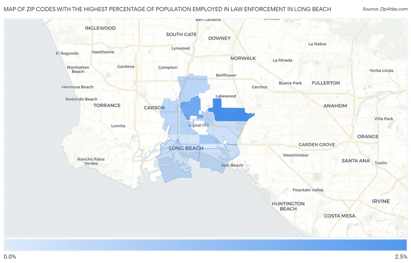 Zip Codes with the Highest Percentage of Population Employed in Law Enforcement in Long Beach Map