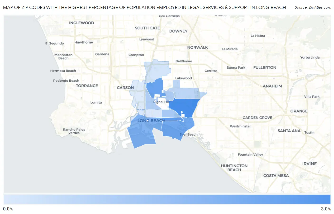 Zip Codes with the Highest Percentage of Population Employed in Legal Services & Support in Long Beach Map