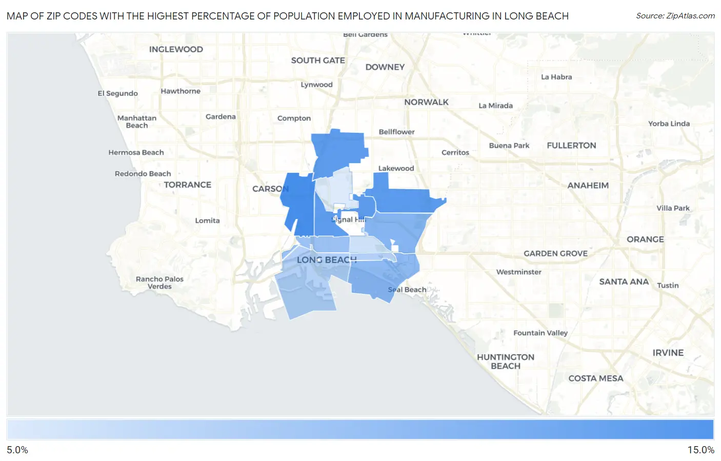 Zip Codes with the Highest Percentage of Population Employed in Manufacturing in Long Beach Map