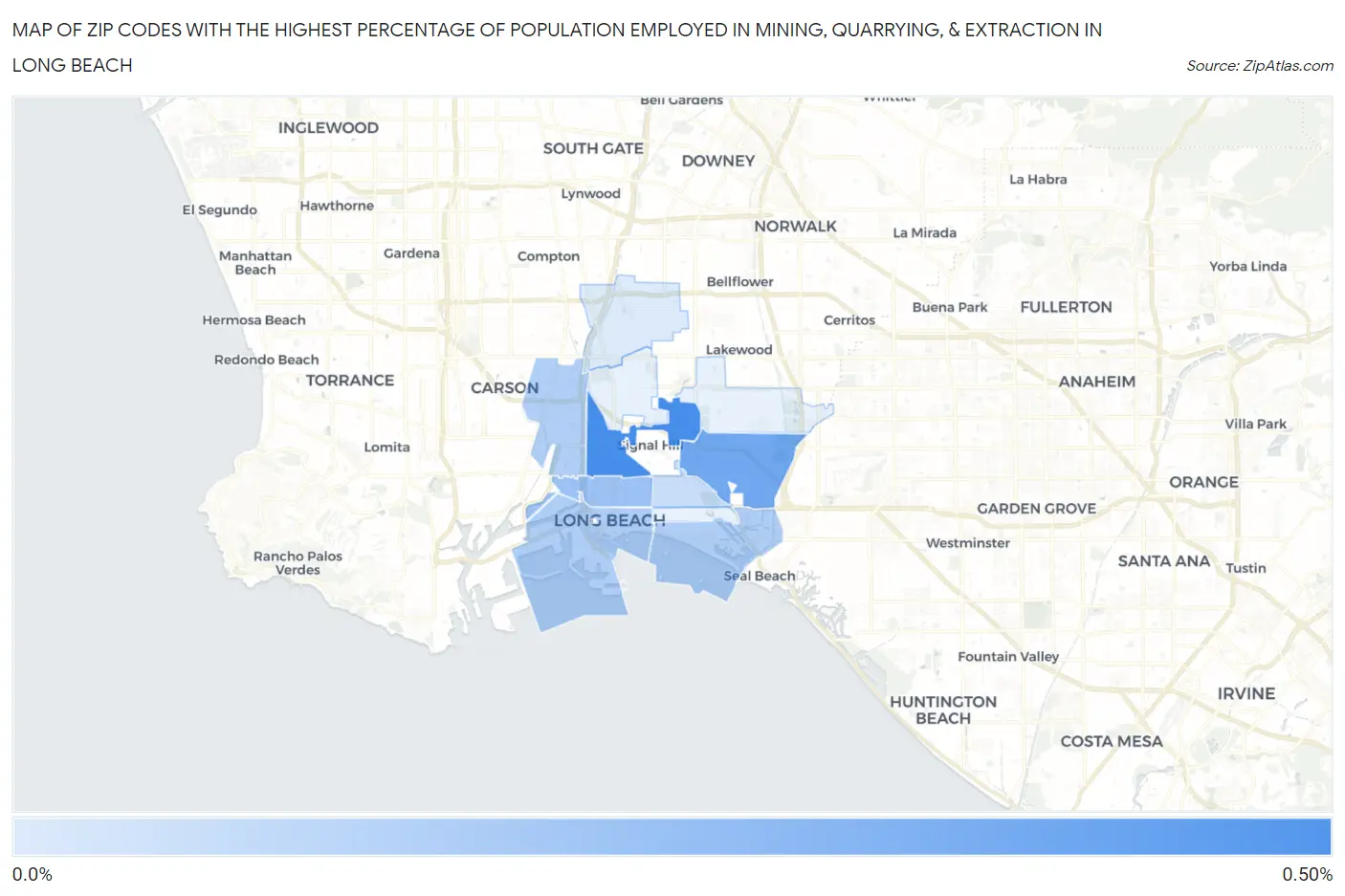 Zip Codes with the Highest Percentage of Population Employed in Mining, Quarrying, & Extraction in Long Beach Map