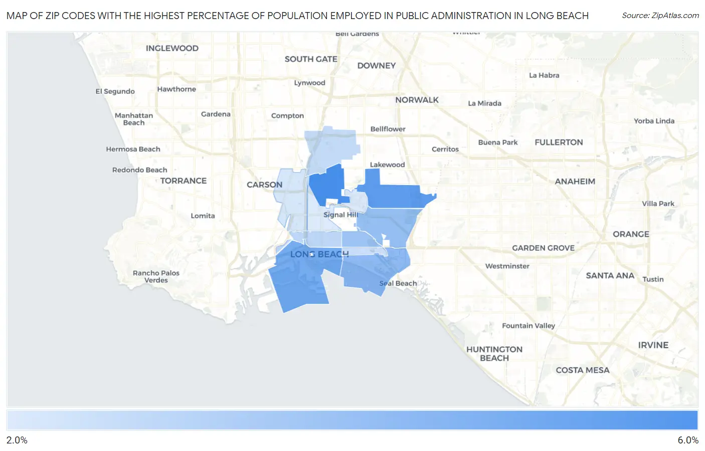 Zip Codes with the Highest Percentage of Population Employed in Public Administration in Long Beach Map