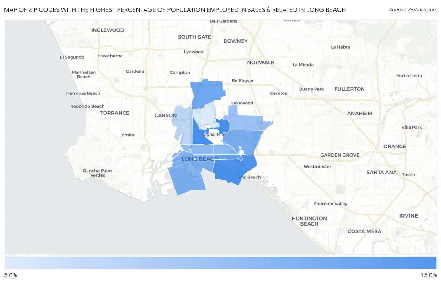 Zip Codes with the Highest Percentage of Population Employed in Sales & Related in Long Beach Map