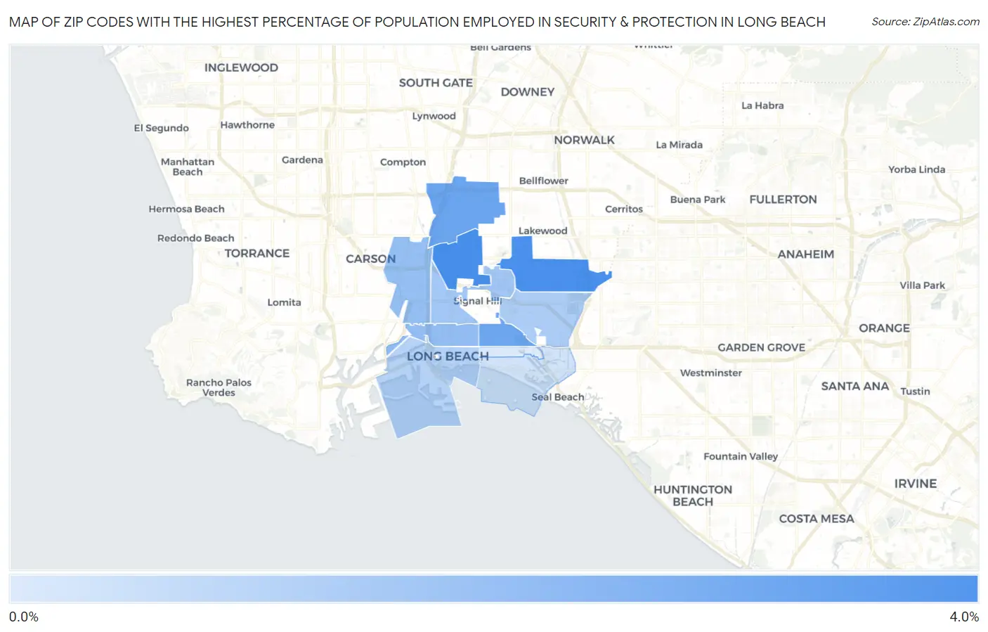 Zip Codes with the Highest Percentage of Population Employed in Security & Protection in Long Beach Map