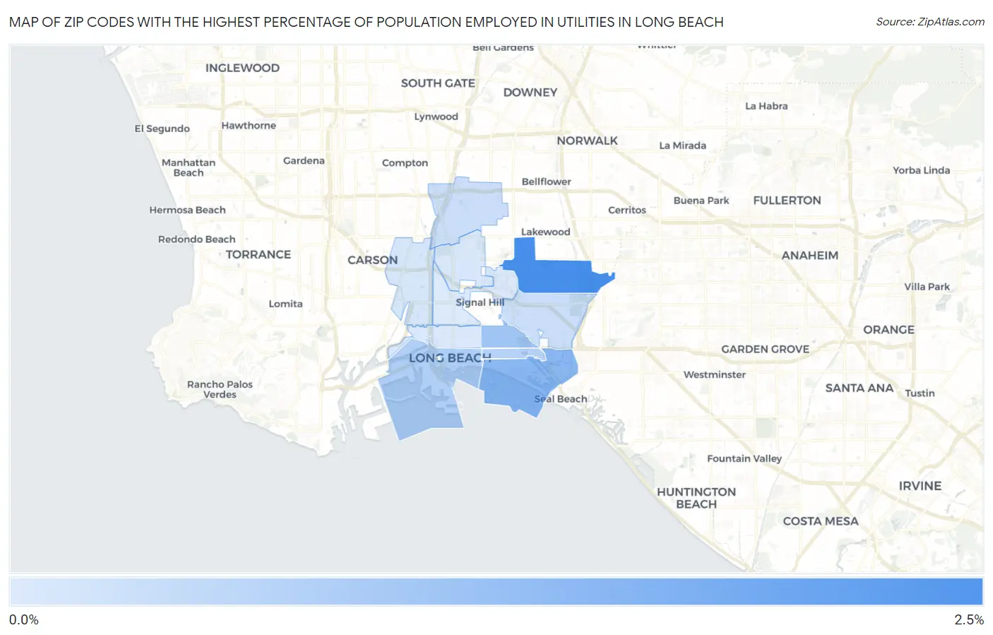 Zip Codes with the Highest Percentage of Population Employed in Utilities in Long Beach Map