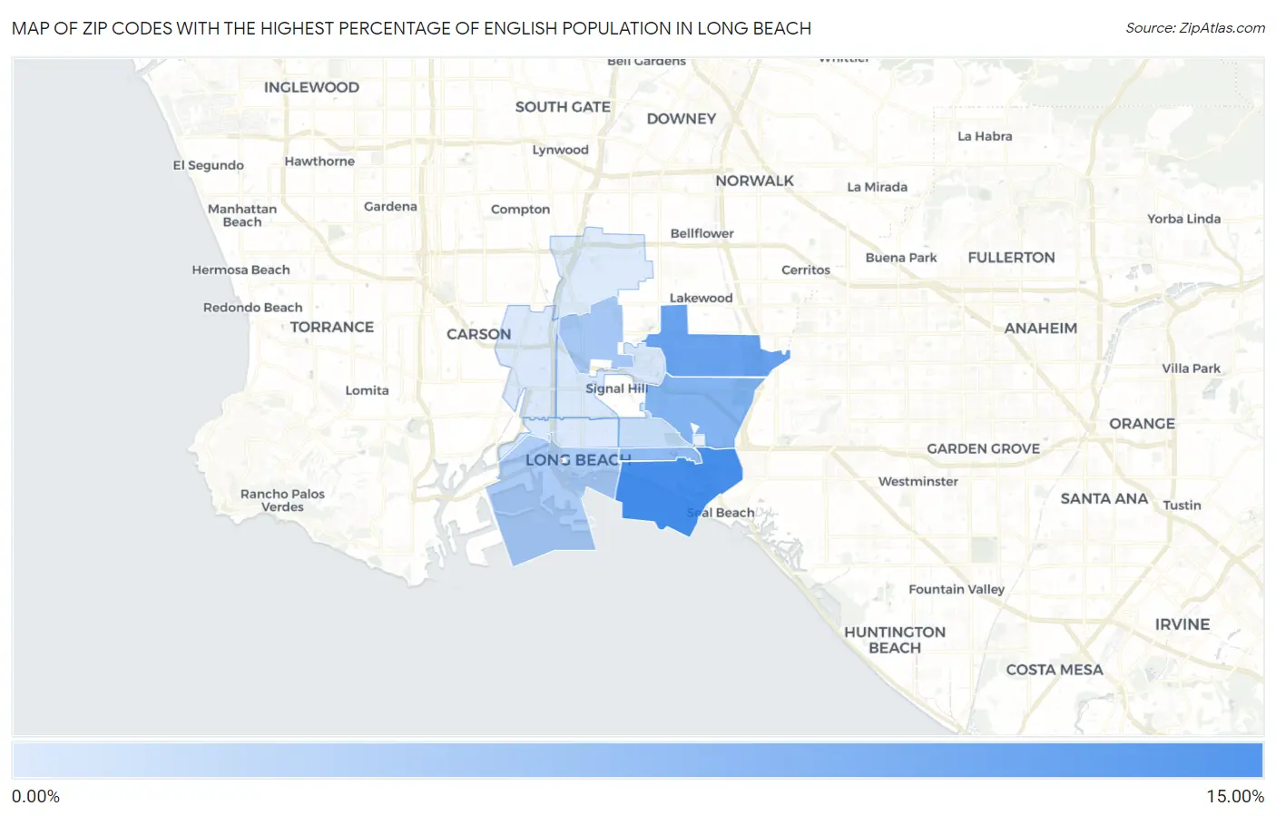 Zip Codes with the Highest Percentage of English Population in Long Beach Map